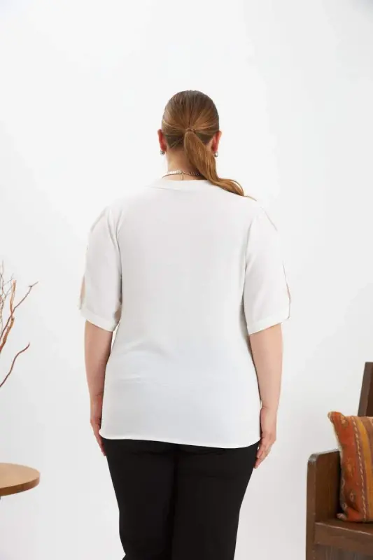 Sleeve Slit Detail Plus Size Blouse Ecru - 6