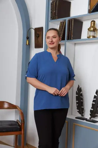 Sleeve Slit Detailed Plus Size Blouse Indigo - 1