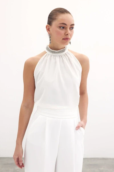 Sleeveless Blouse with Collar Accessory - ECRU - SATEEN (1)