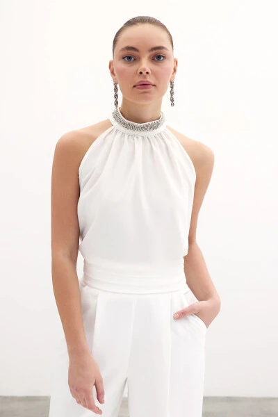 Sleeveless Blouse with Collar Accessory - ECRU - 5