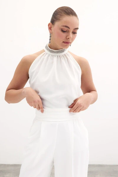 Sleeveless Blouse with Collar Accessory - ECRU - 6