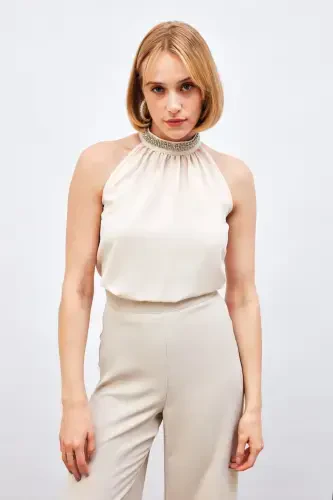Sleeveless Blouse with Neck Accessory - BEIGE - 1