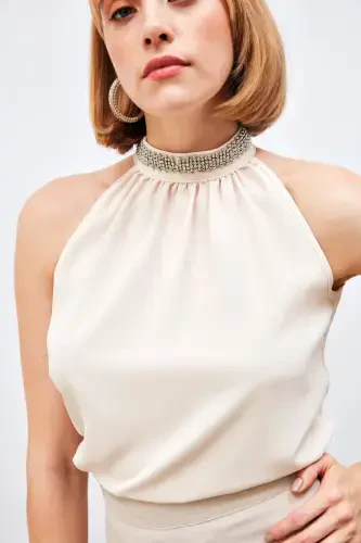 Sleeveless Blouse with Neck Accessory - BEIGE - 6