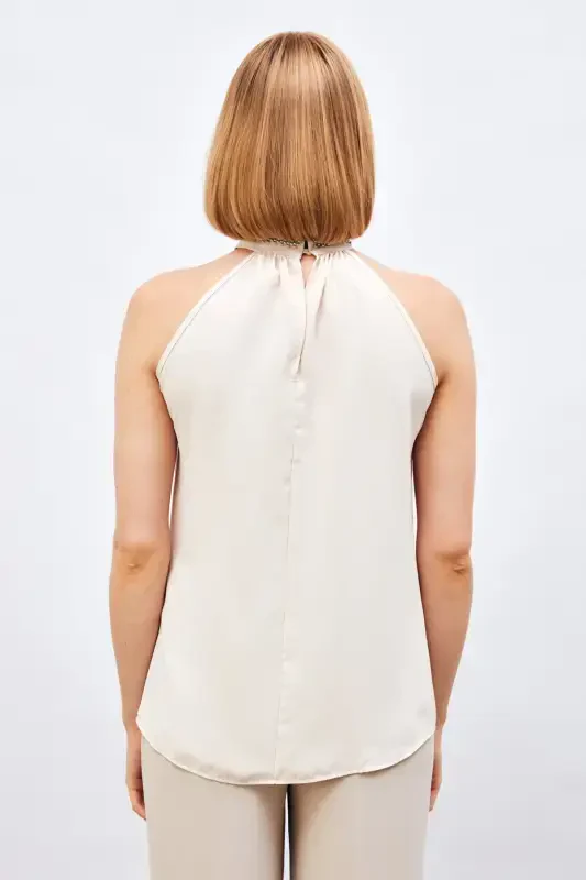 Sleeveless Blouse with Neck Accessory - BEIGE - 7