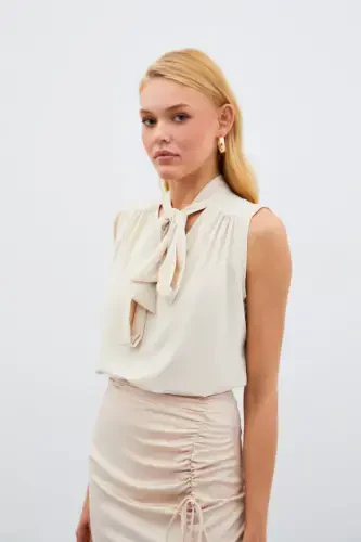 Sleeveless Blouse with Scarf - Beige - SATEEN (1)