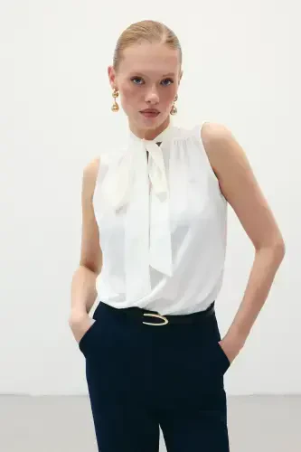 Sleeveless Blouse with Scarf - Ecru - SATEEN (1)