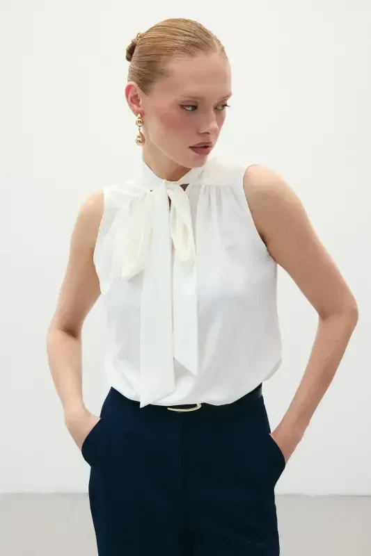Sleeveless Blouse with Scarf - Ecru - 3