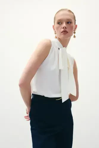 Sleeveless Blouse with Scarf - Ecru - 5