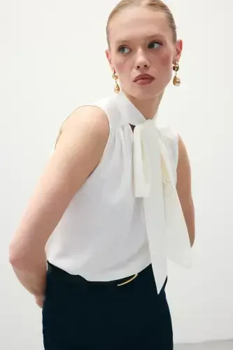 Sleeveless Blouse with Scarf - Ecru - 6