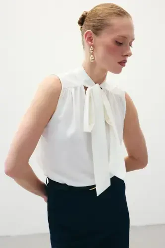 Sleeveless Blouse with Scarf - Ecru - 7