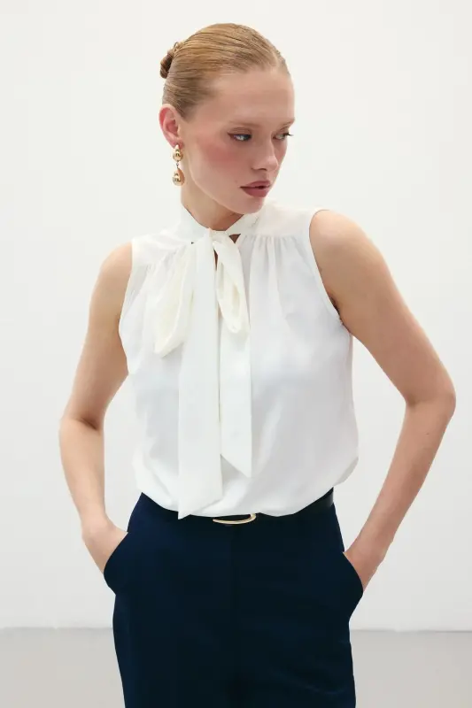 Sleeveless Blouse with Scarf - Ecru - 3