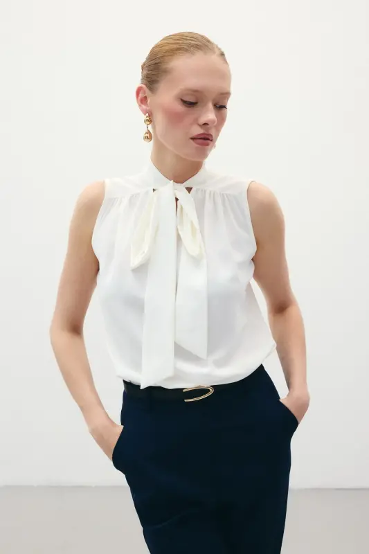 Sleeveless Blouse with Scarf - Ecru - 1