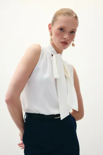 Sleeveless Blouse with Scarf - Ecru - 4