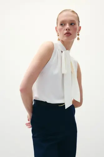 Sleeveless Blouse with Scarf - Ecru - 5