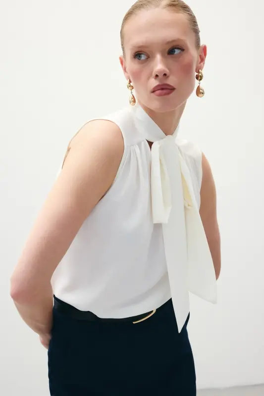 Sleeveless Blouse with Scarf - Ecru - 6