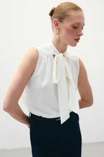 Sleeveless Blouse with Scarf - Ecru - 7