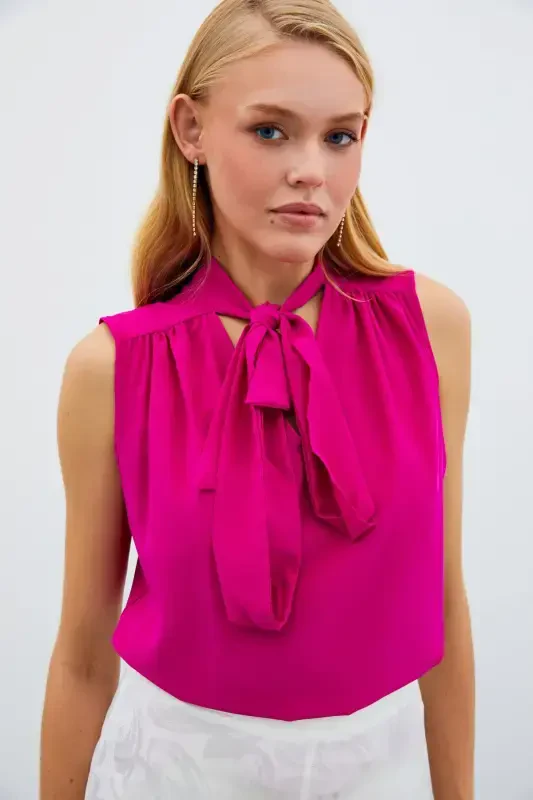 Sleeveless Blouse with Scarf - Fuchsia - SATEEN