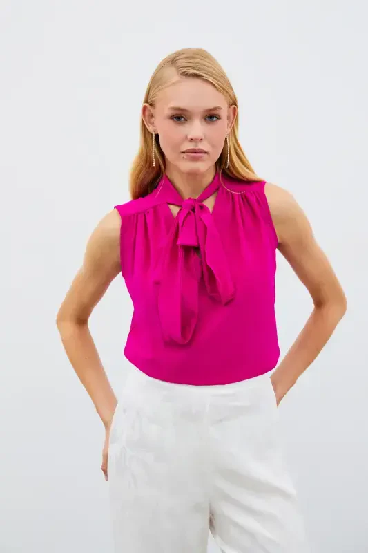 Sleeveless Blouse with Scarf - Fuchsia - 3