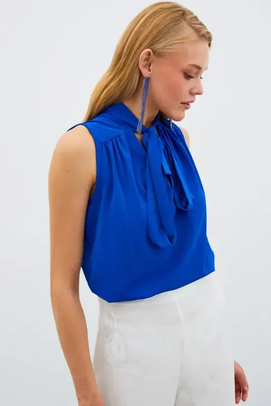 Sleeveless Blouse with Scarf - Sax Blue - SATEEN