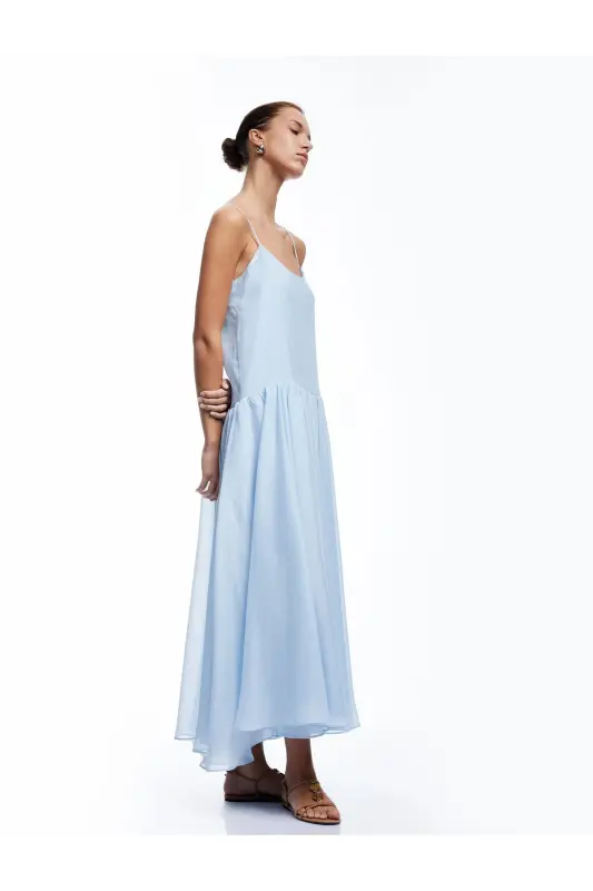 Sleeveless Cotton Lined Long Spaghetti Strap Flared Dress - 2