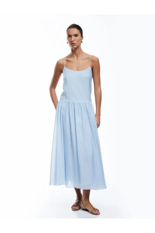 Sleeveless Cotton Lined Long Spaghetti Strap Flared Dress - 3