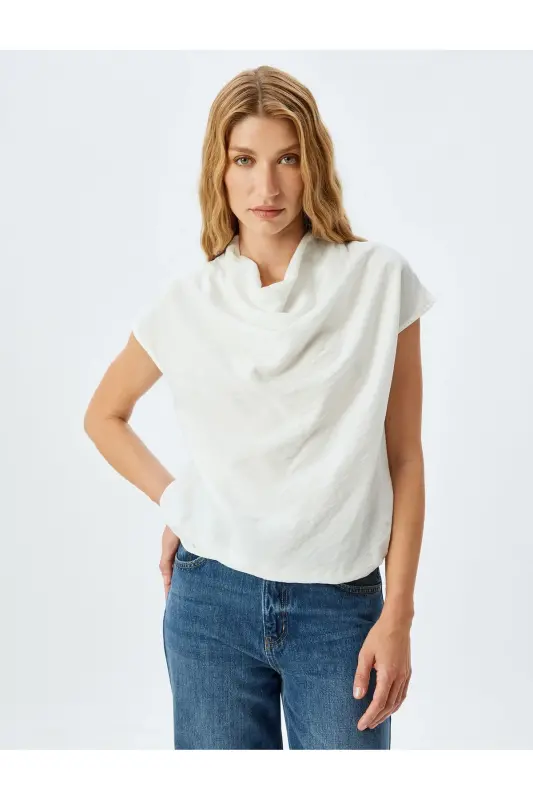 Sleeveless Draped Cowl Neck Viscose Blouse-Ecru - 2
