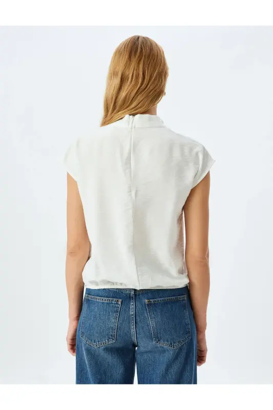 Sleeveless Draped Cowl Neck Viscose Blouse-Ecru - 4