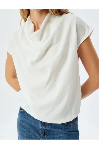 Sleeveless Draped Cowl Neck Viscose Blouse-Ecru - 5