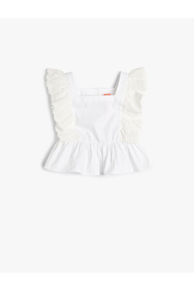 Sleeveless, embroidered, ruffled square neck cotton blouse - 4