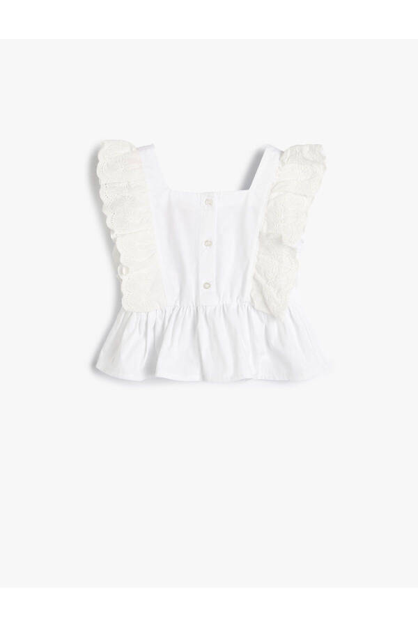 Sleeveless, embroidered, ruffled square neck cotton blouse - 5