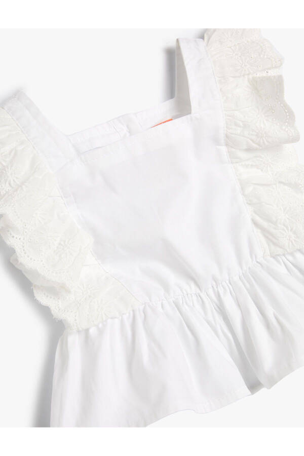 Sleeveless, embroidered, ruffled square neck cotton blouse - 6