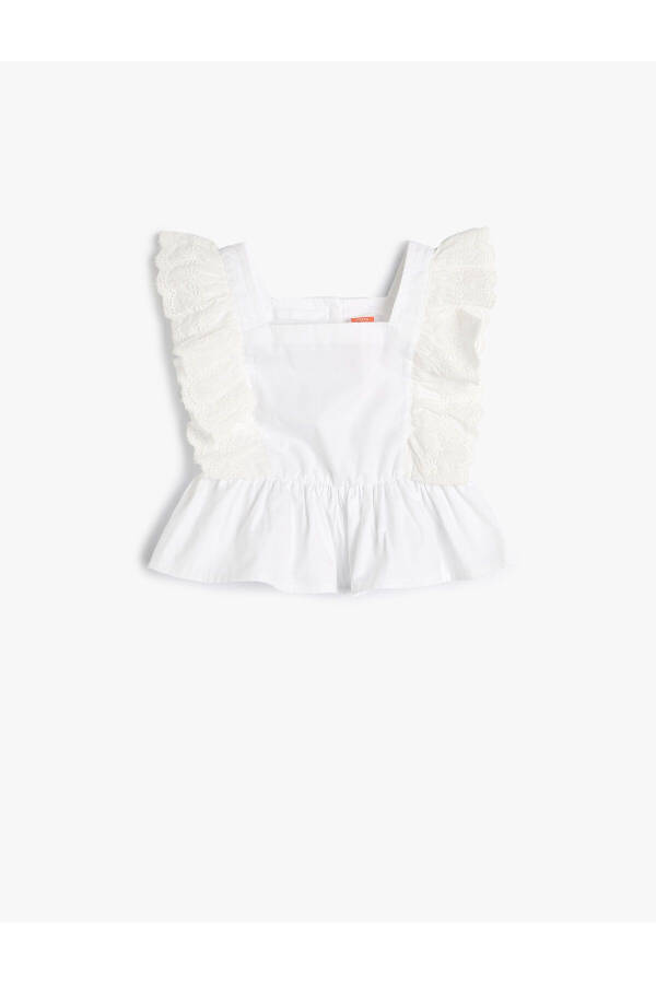 Sleeveless, embroidered, ruffled square neck cotton blouse - 1