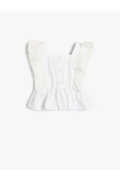 Sleeveless, embroidered, ruffled square neck cotton blouse - 2