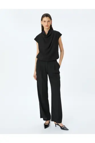 Sleeveless Flowy Cowl Neck Viscose Blouse-Black - 1