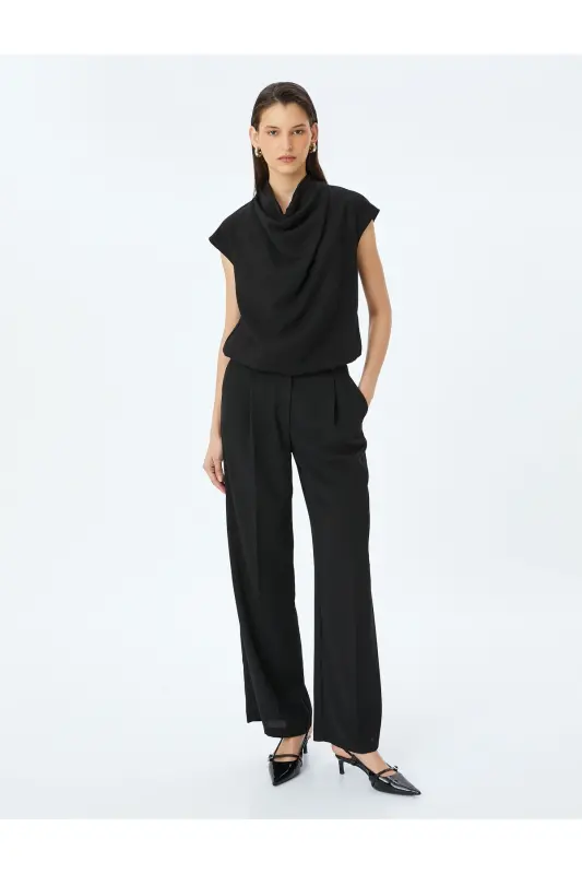 Sleeveless Flowy Cowl Neck Viscose Blouse-Black - 1
