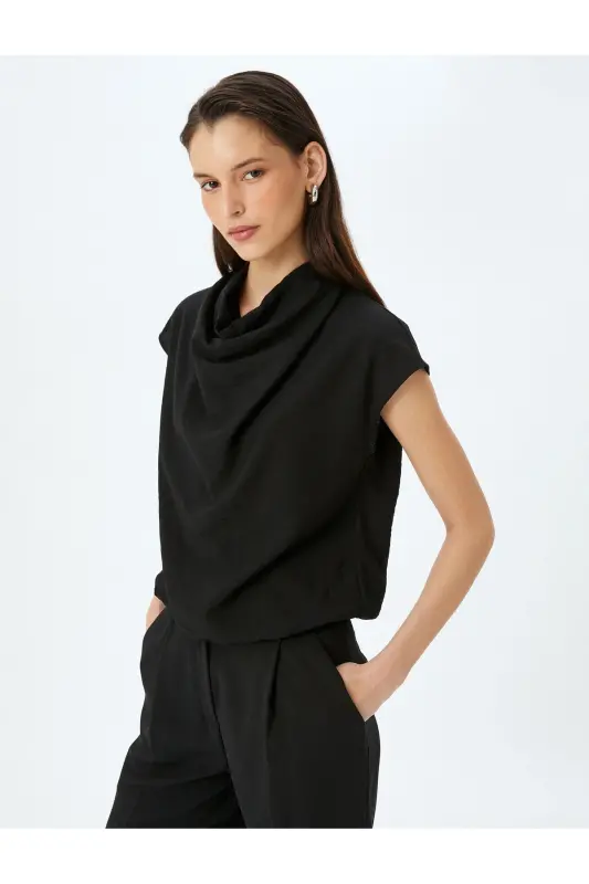 Sleeveless Flowy Cowl Neck Viscose Blouse-Black - 2