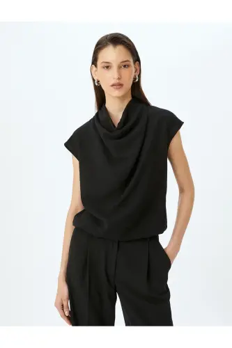 Sleeveless Flowy Cowl Neck Viscose Blouse-Black - 3