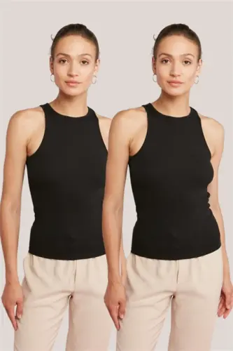 Sleeveless Halter Neck Women's T-Shirt - 2 Pack Black - 1