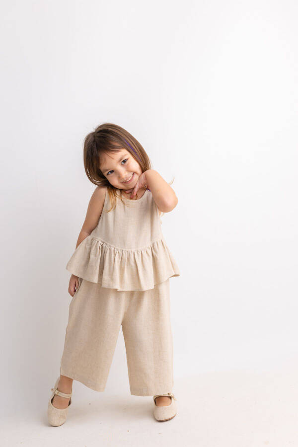 Sleeveless Linen Jumpsuit for Girls with Voluminous Waist and Back Buttons - 16