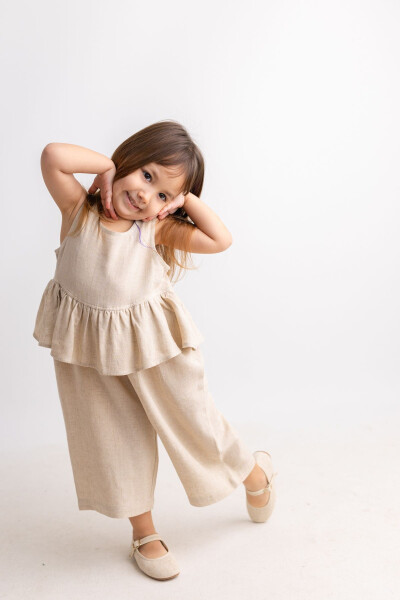 Sleeveless Linen Jumpsuit for Girls with Voluminous Waist and Back Buttons - 10