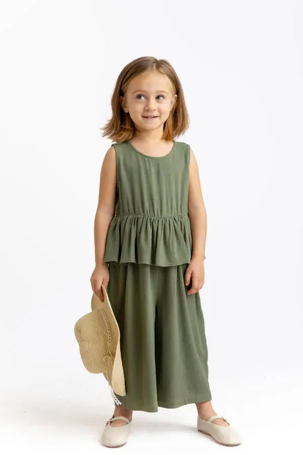 Sleeveless Linen Romper for Girls with Elastic Waist and Button Back - 1