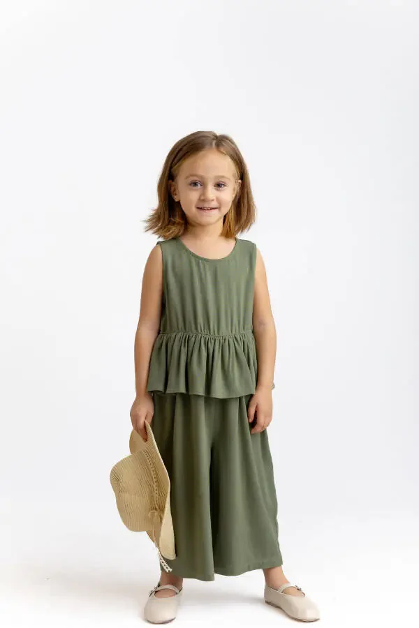 Sleeveless Linen Romper for Girls with Elastic Waist and Button Back - 2