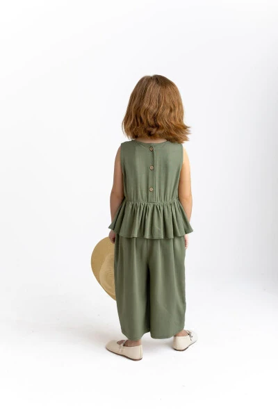 Sleeveless Linen Romper for Girls with Elastic Waist and Button Back - 4