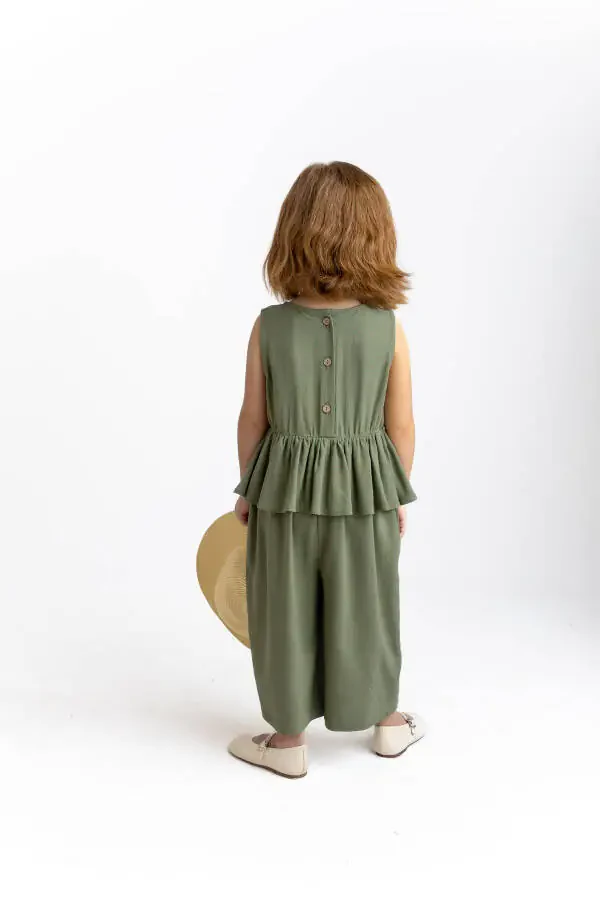 Sleeveless Linen Romper for Girls with Elastic Waist and Button Back - 4