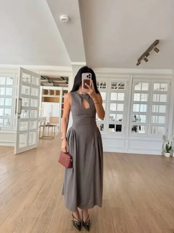 Sleeveless Long Gabardine Dress - Gray - 3