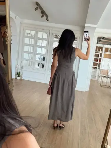 Sleeveless Long Gabardine Dress - Gray - BÜYÜKBEDENIZ (1)