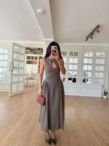 Sleeveless Long Gabardine Dress - Gray - 3