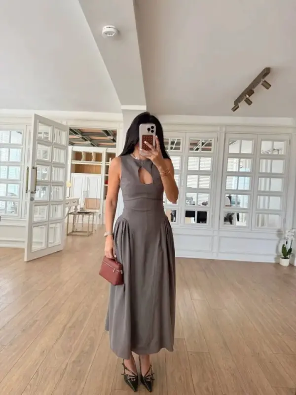 Sleeveless Long Gabardine Dress - Gray - 3