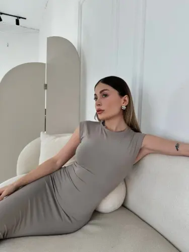 Sleeveless Long Lycra Dress - Gray - BÜYÜKBEDENIZ (1)