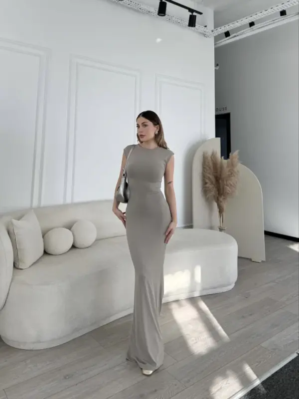 Sleeveless Long Lycra Dress - Gray - 3